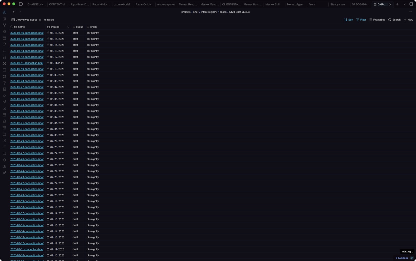 DKR Brief Queue, Bases. 76 nightly connection briefs in projects/dkr-agency/briefs, every one still at status draft.